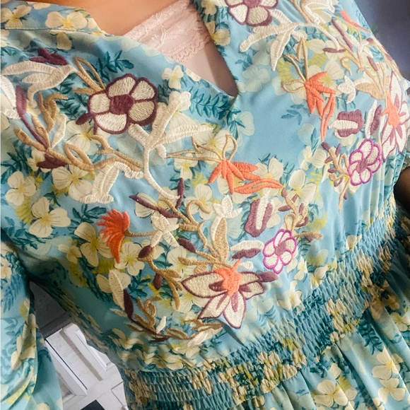 Teal Floral V-Neck Maxi Dress with Embroidered Bodice - Picture 9 of 9